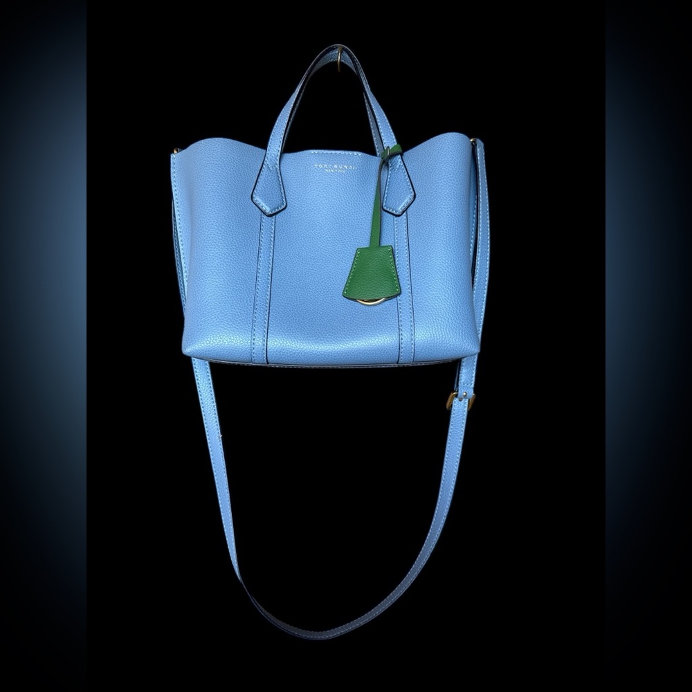 Tory Burch Perry Blue Leather Tote with Green Accent
